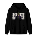 Standalone men's hoodie front displaying a graphic of a suited clown portrait against a newspaper-style text collage