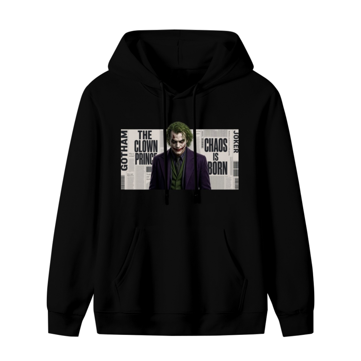 Standalone men's hoodie front displaying a graphic of a suited clown portrait against a newspaper-style text collage