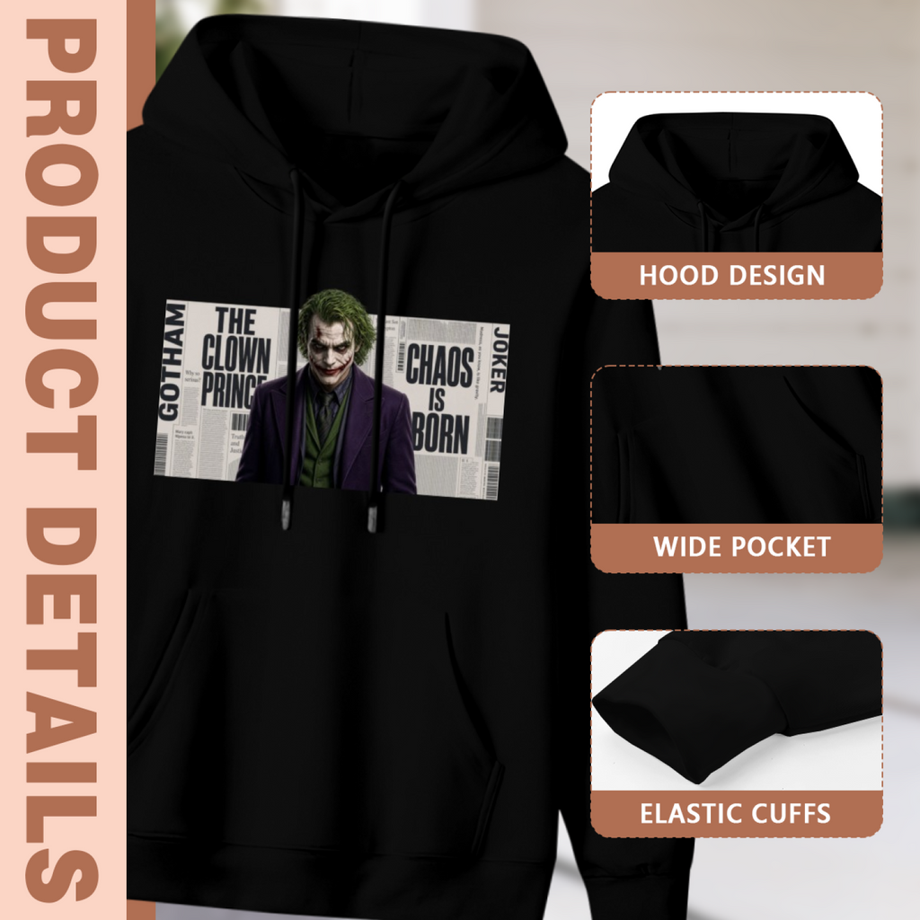 Construction-detail card for the men's Suited Clown Press Portrait hoodie, including the hood, front pouch and cuff edges