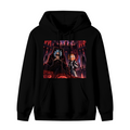 Front garment photograph: men's hoodie decorated with two figures inside a crimson-lit technological chamber