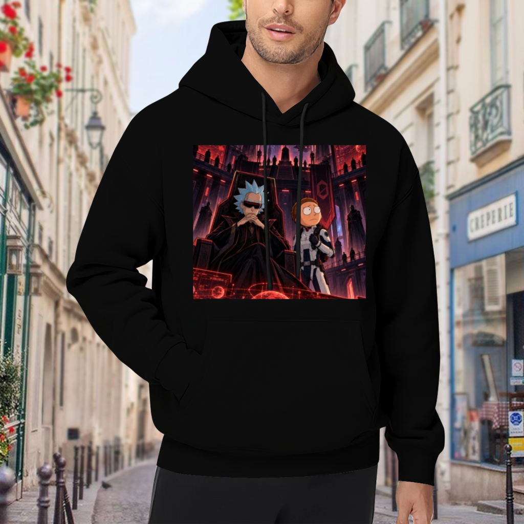 Two figures inside a crimson-lit technological chamber visible on a men's hoodie in an outdoor front model view