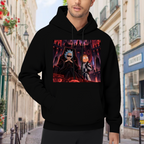 Two figures inside a crimson-lit technological chamber visible on a men's hoodie in an outdoor front model view
