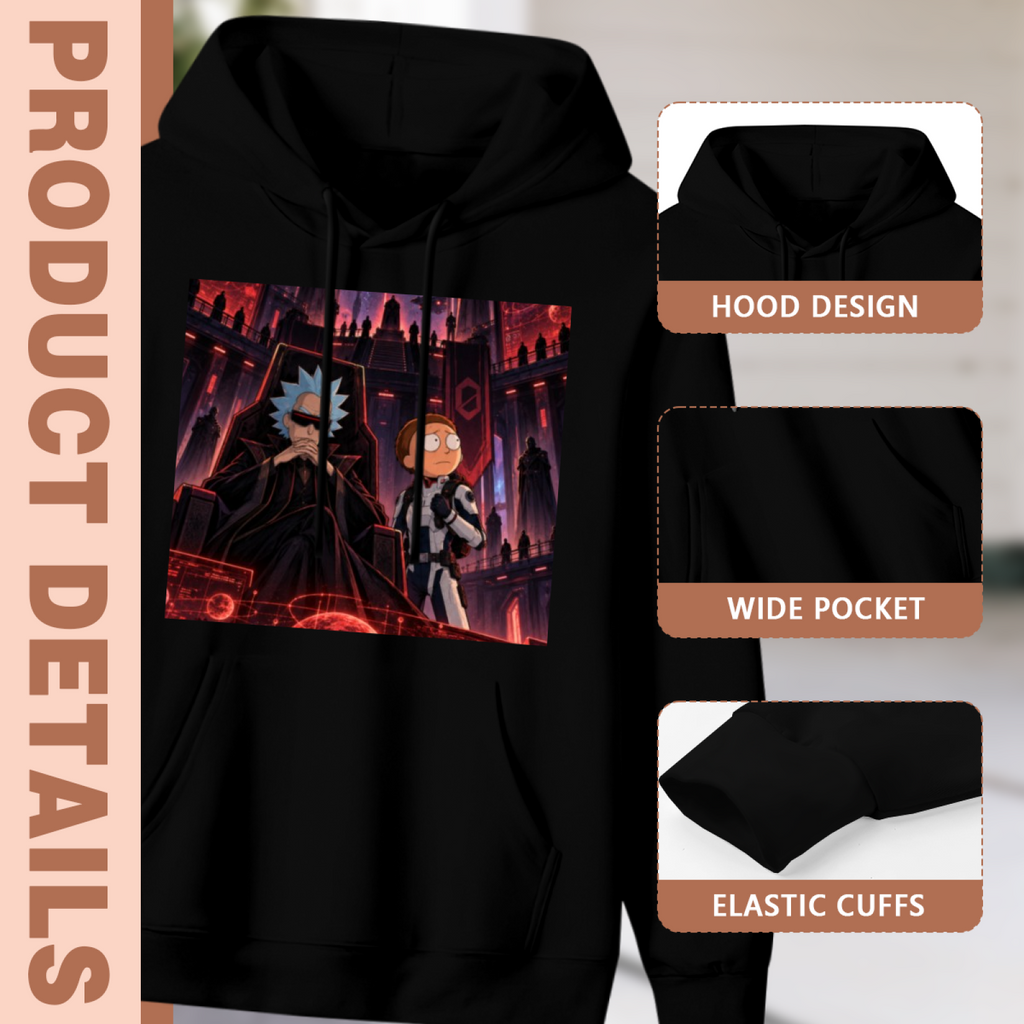 Men's Red-Lit Machine Vault hoodie product-feature illustration with close views of the hood, pocket and cuffs