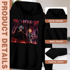 Men's Red-Lit Machine Vault hoodie product-feature illustration with close views of the hood, pocket and cuffs