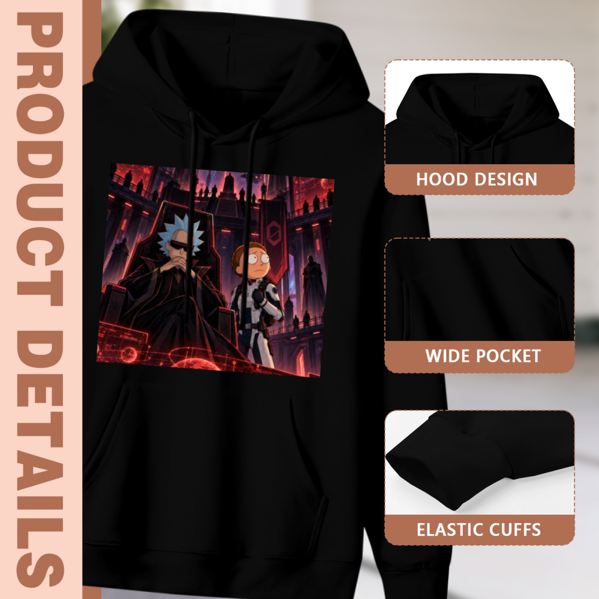 Men's Red-Lit Machine Vault hoodie product-feature illustration with close views of the hood, pocket and cuffs