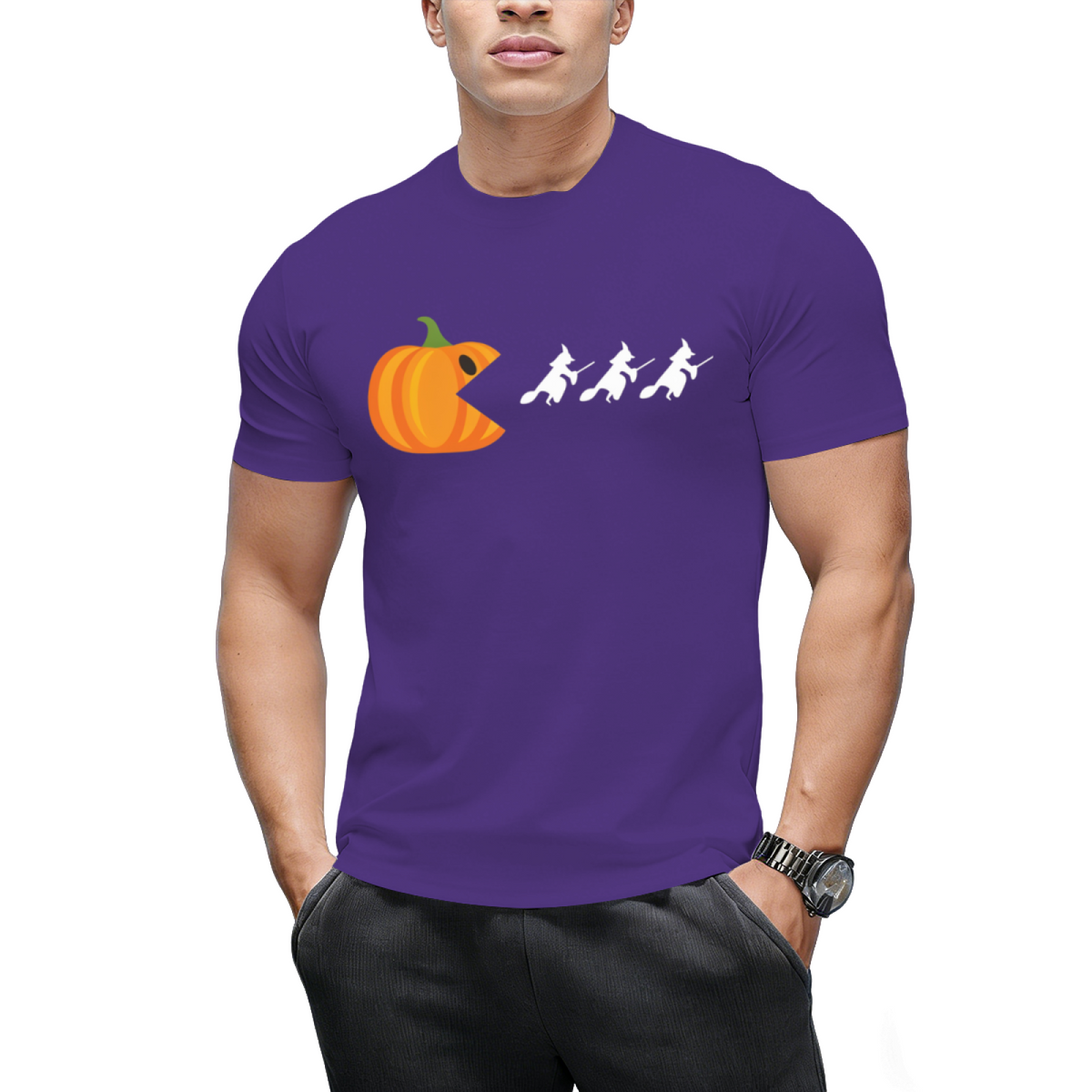 Pumpkin Gamer Eats Witches Funny Halloween Graphic T-Shirt