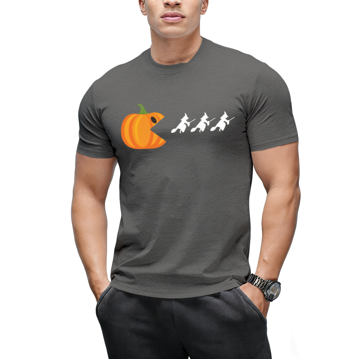 Pumpkin Gamer Eats Witches Funny Halloween Graphic T-Shirt