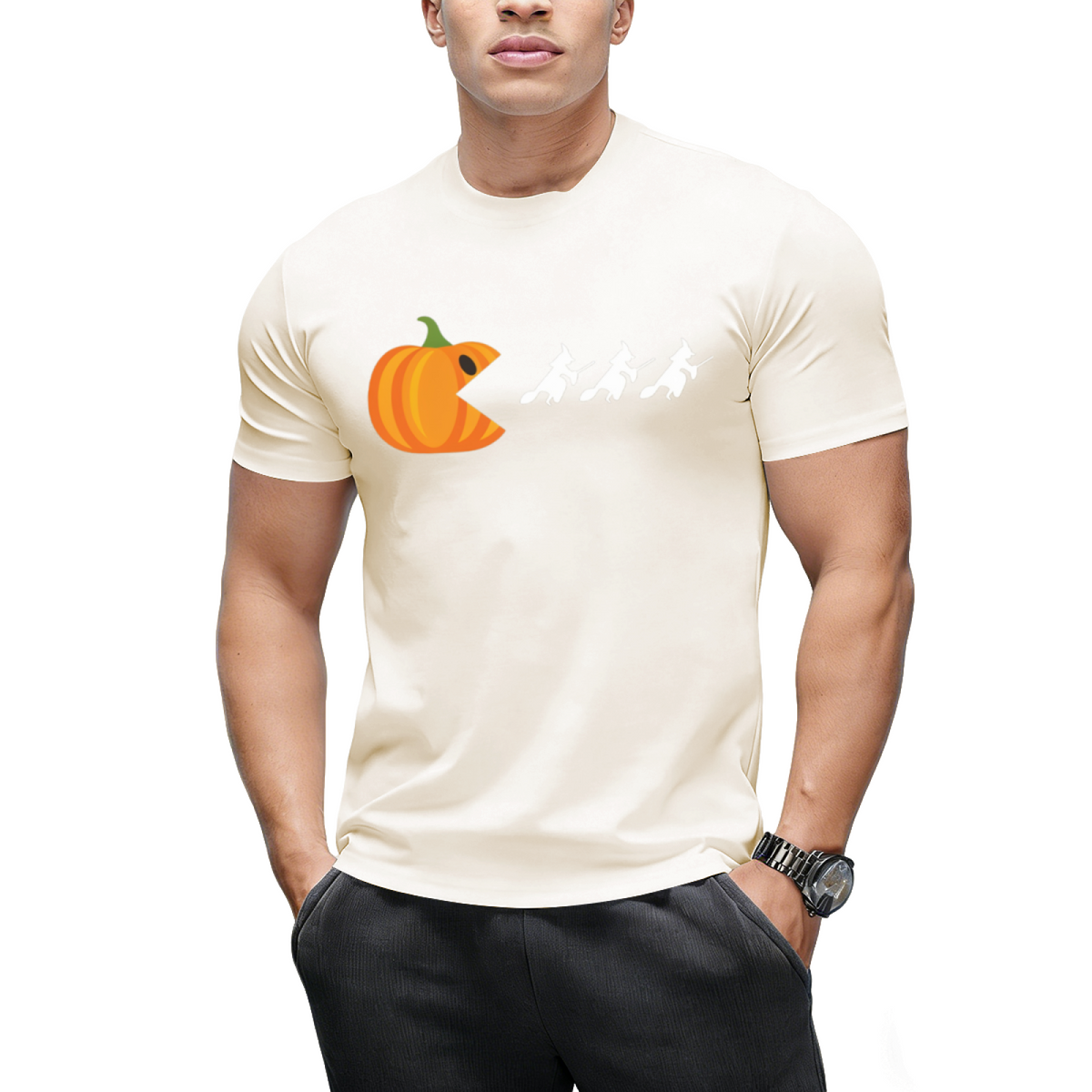 Pumpkin Gamer Eats Witches Funny Halloween Graphic T-Shirt