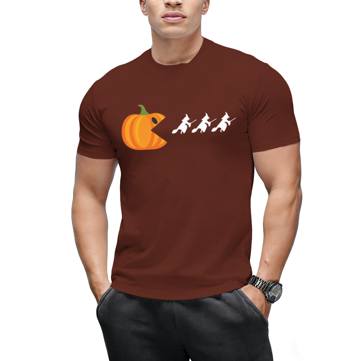 Pumpkin Gamer Eats Witches Funny Halloween Graphic T-Shirt