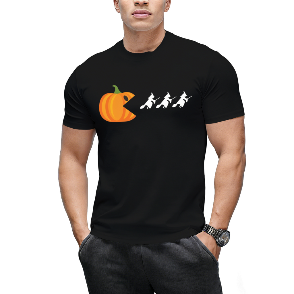 Pumpkin Gamer Eats Witches Funny Halloween Graphic T-Shirt