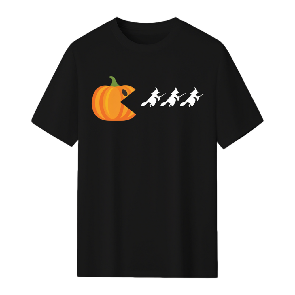 Pumpkin Gamer Eats Witches Funny Halloween Graphic T-Shirt