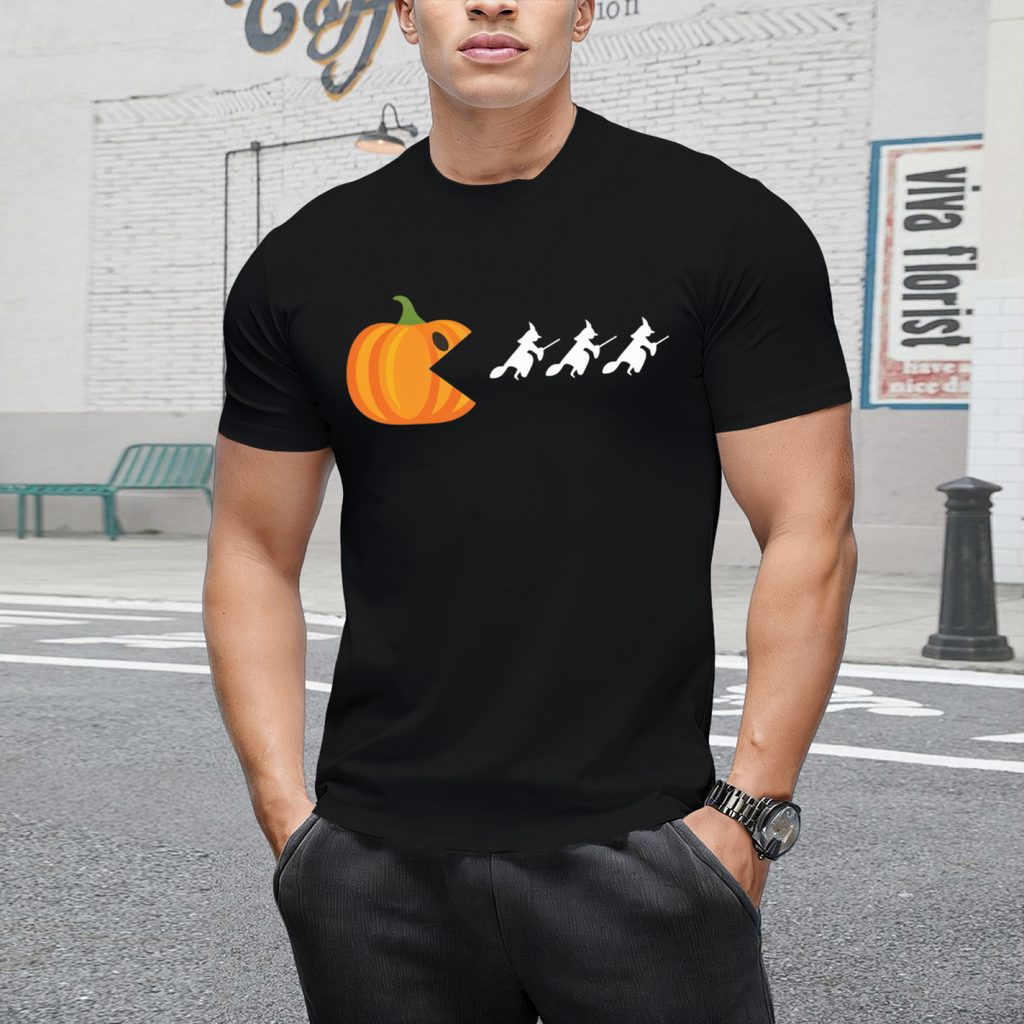 Pumpkin Gamer Eats Witches Funny Halloween Graphic T-Shirt