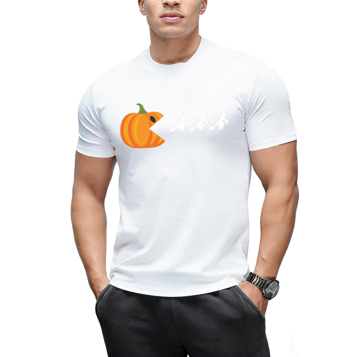 Pumpkin Gamer Eats Witches Funny Halloween Graphic T-Shirt
