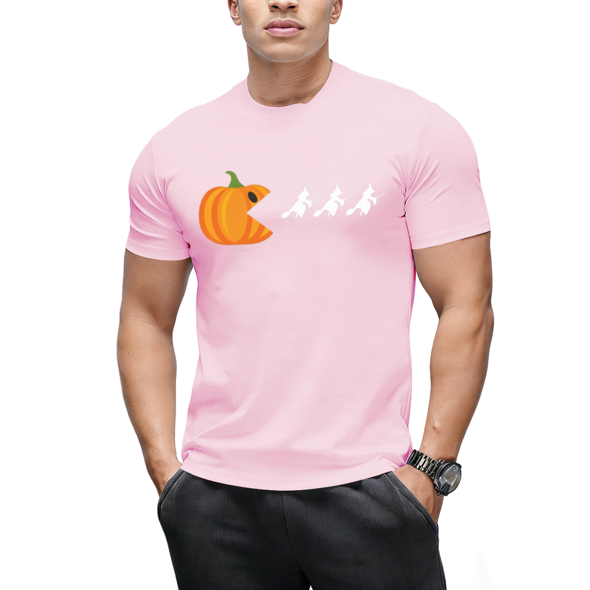 Pumpkin Gamer Eats Witches Funny Halloween Graphic T-Shirt