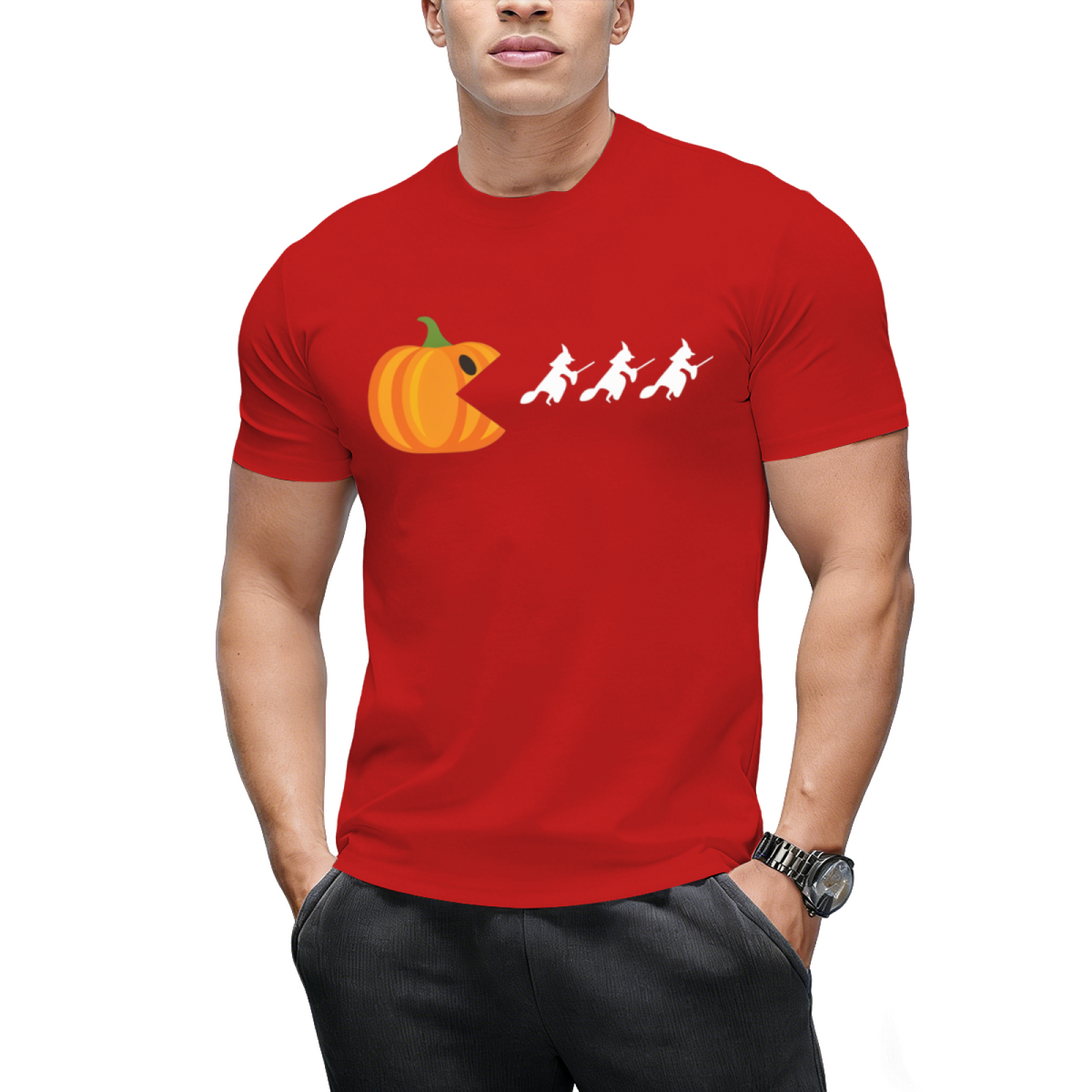 Pumpkin Gamer Eats Witches Funny Halloween Graphic T-Shirt