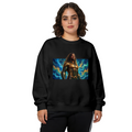 On-model product photo: women's crewneck sweatshirt bearing a long-haired warrior in golden armor surrounded by swirling waves