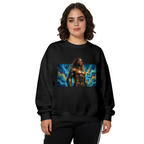On-model product photo: women's crewneck sweatshirt bearing a long-haired warrior in golden armor surrounded by swirling waves