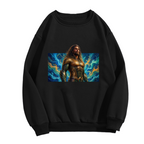Women's crewneck sweatshirt photographed alone, with a long-haired warrior in golden armor surrounded by swirling waves on the front
