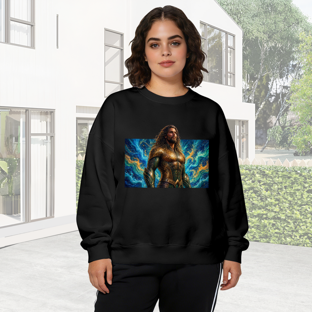 Lifestyle image outdoors: women's crewneck sweatshirt with a front graphic of a long-haired warrior in golden armor surrounded by swirling waves
