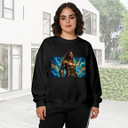 Lifestyle image outdoors: women's crewneck sweatshirt with a front graphic of a long-haired warrior in golden armor surrounded by swirling waves