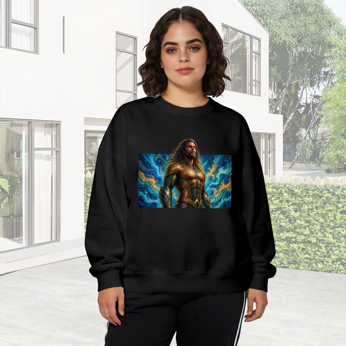 Lifestyle image outdoors: women's crewneck sweatshirt with a front graphic of a long-haired warrior in golden armor surrounded by swirling waves