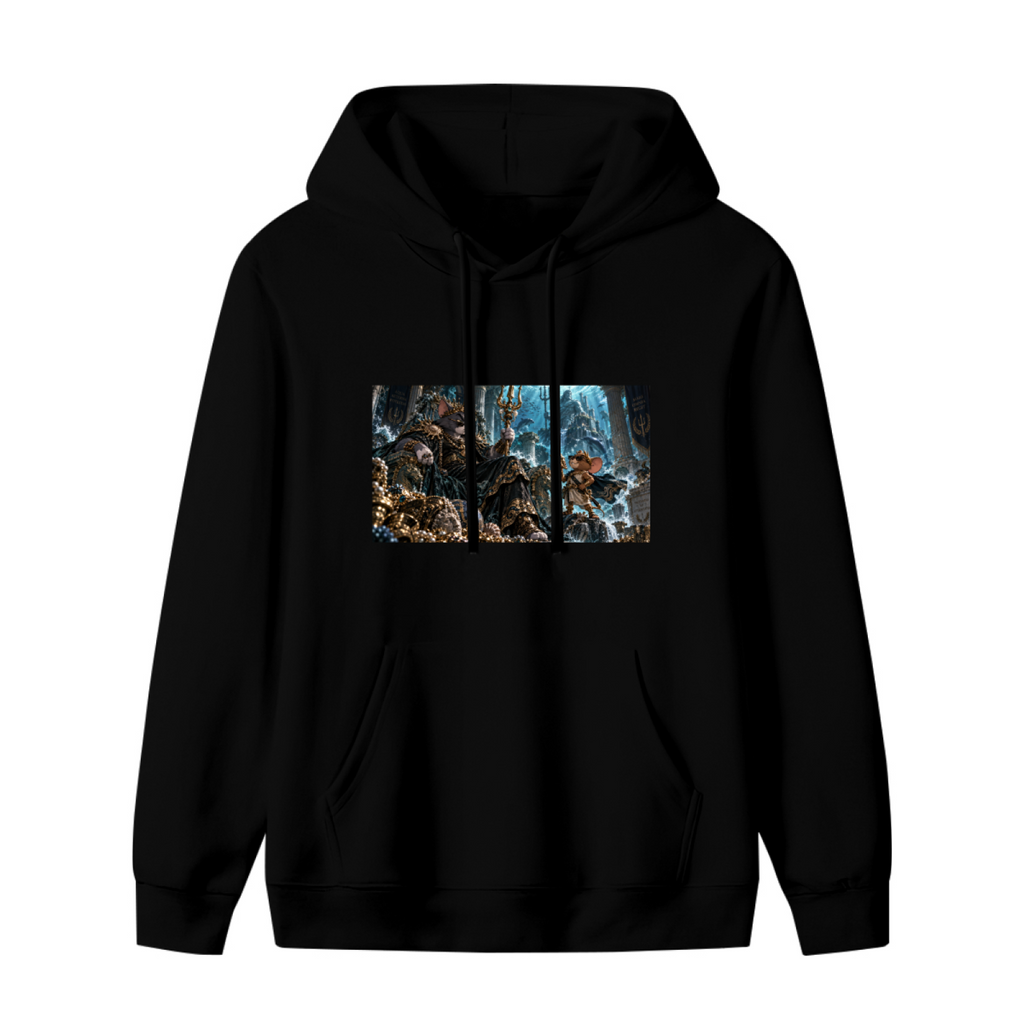 Women's hoodie photographed alone, with a feline court in an icy throne hall with elaborate frozen architecture on the front