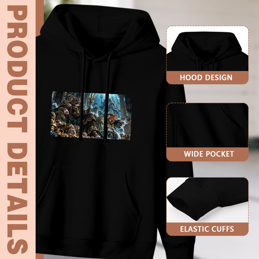 Feature collage for the women's A Throne within the Ice hoodie: hood shape, pouch pocket and cuff finishing