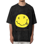 Nirvana Smiley Face Yellow Washed Tee in Black, product image showing a yellow smiley-face print associated with Nirvana and the words I’m So Happy.
