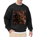 An armored cat surrounded by flames in a detailed fantasy battle printed on a men's crewneck sweatshirt, shown in a front model photo
