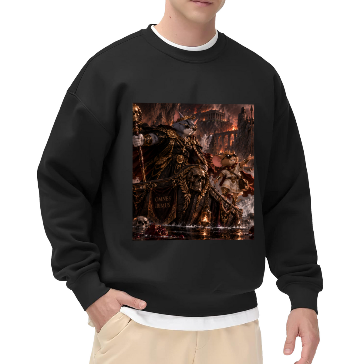 An armored cat surrounded by flames in a detailed fantasy battle printed on a men's crewneck sweatshirt, shown in a front model photo
