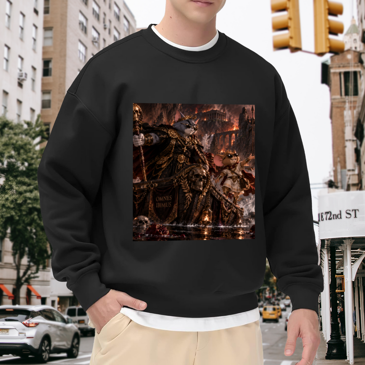 On-location model photograph displaying an armored cat surrounded by flames in a detailed fantasy battle on the front of a men's crewneck sweatshirt