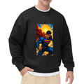 Men's crewneck sweatshirt seen on a model, its front graphic depicting a charging caped figure framed by a bright sunburst