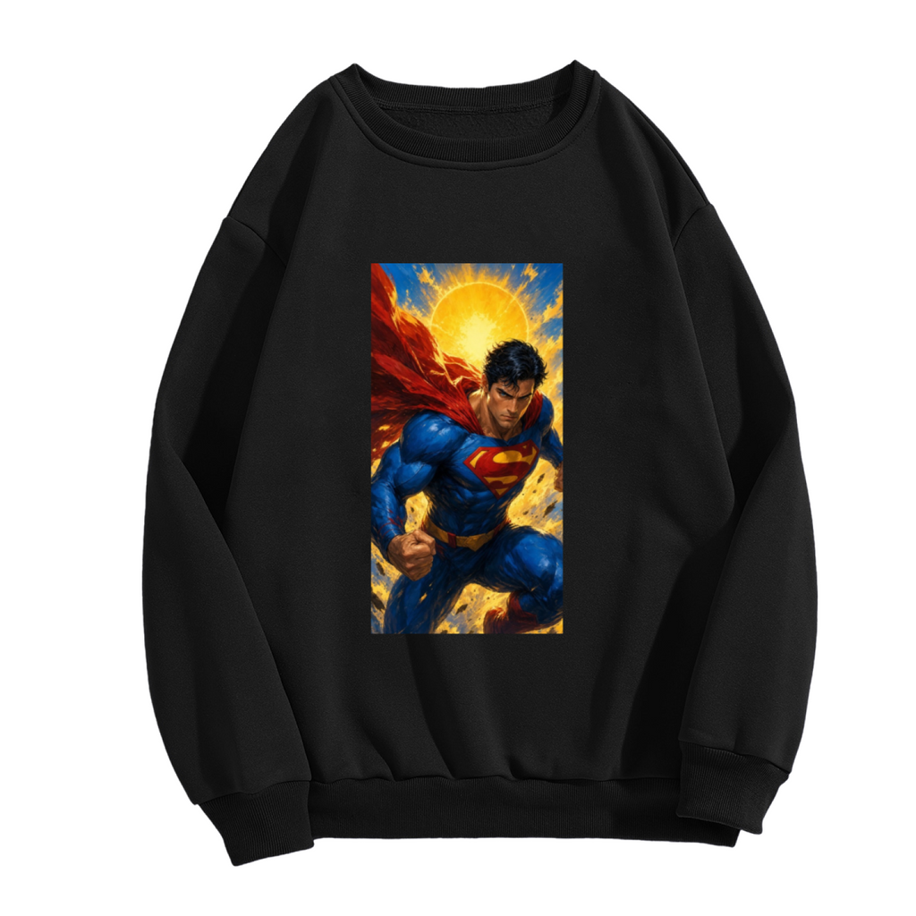 Front garment photograph: men's crewneck sweatshirt decorated with a charging caped figure framed by a bright sunburst