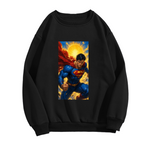 Front garment photograph: men's crewneck sweatshirt decorated with a charging caped figure framed by a bright sunburst