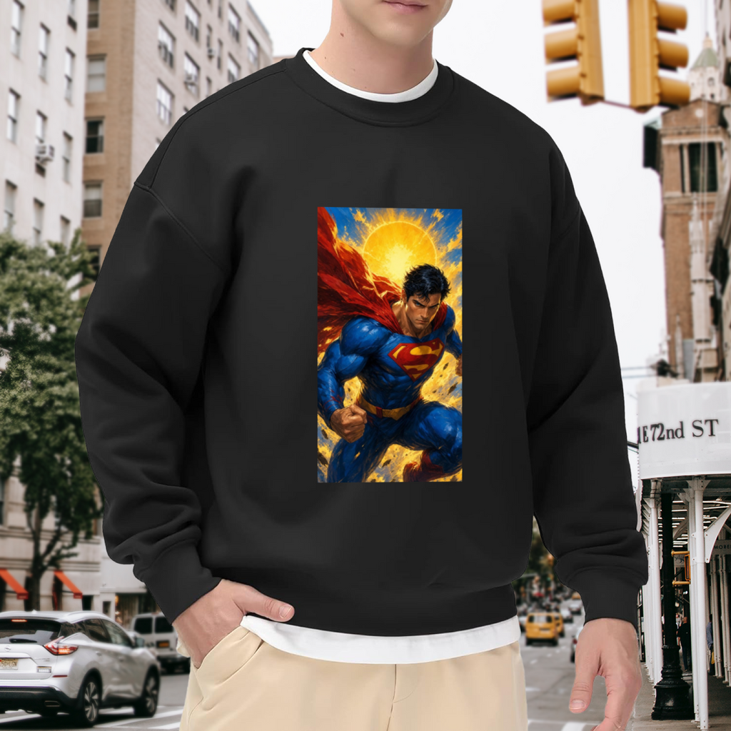 A charging caped figure framed by a bright sunburst visible on a men's crewneck sweatshirt in an outdoor front model view