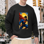 A charging caped figure framed by a bright sunburst visible on a men's crewneck sweatshirt in an outdoor front model view