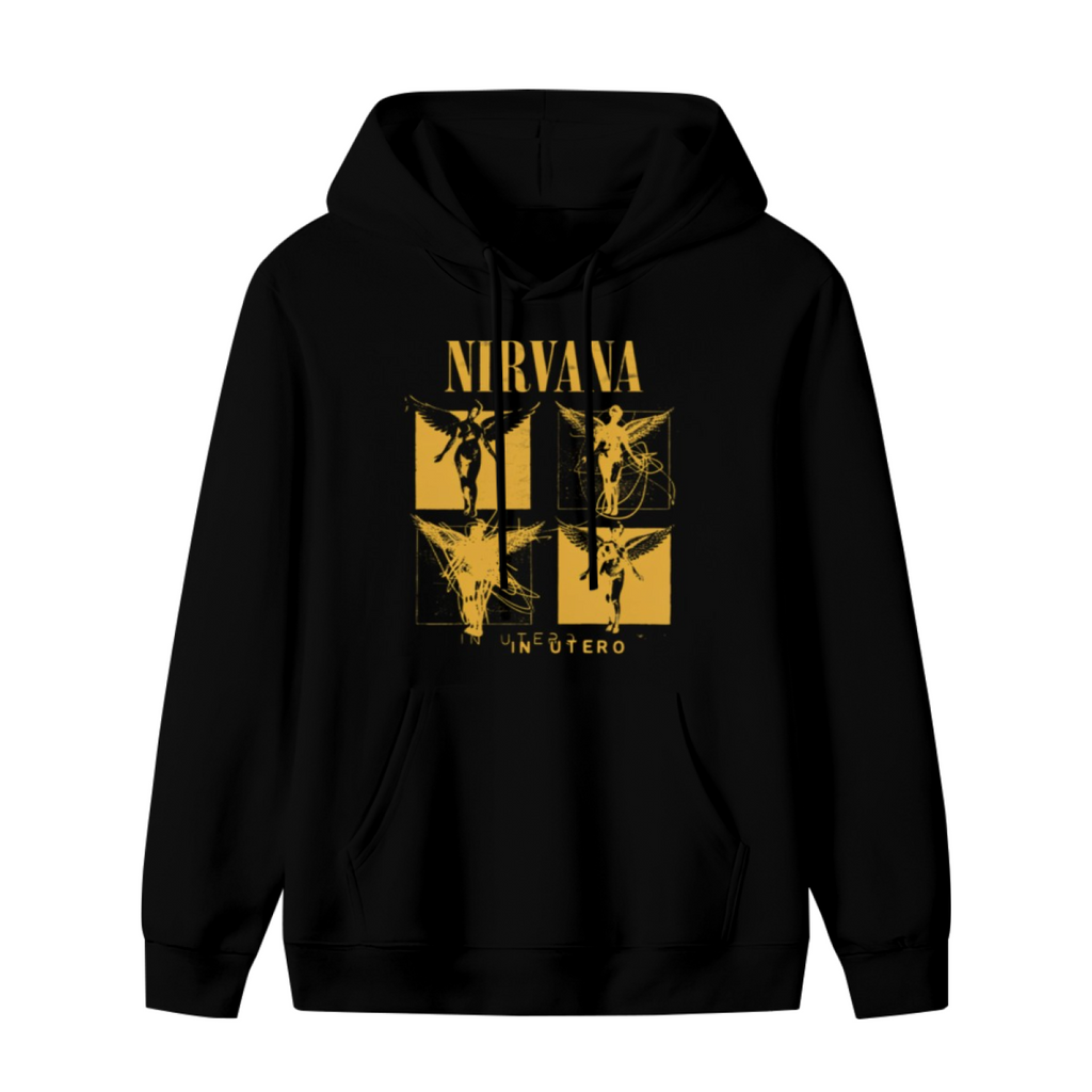 Nirvana In Utero Four Panel Yellow Angel Hoodie, product image featuring the a four-panel layout design