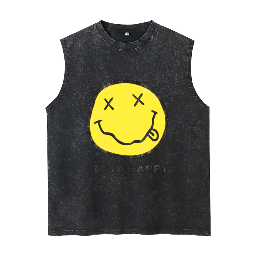 Nirvana Im So Happy Smiley Unisex Washed Tank Top — product image showing the an “I’m So Happy” smiley-face phrase and graphic design