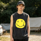 Nirvana Im So Happy Smiley Unisex Washed Tank Top — product image showing the an “I’m So Happy” smiley-face phrase and graphic design