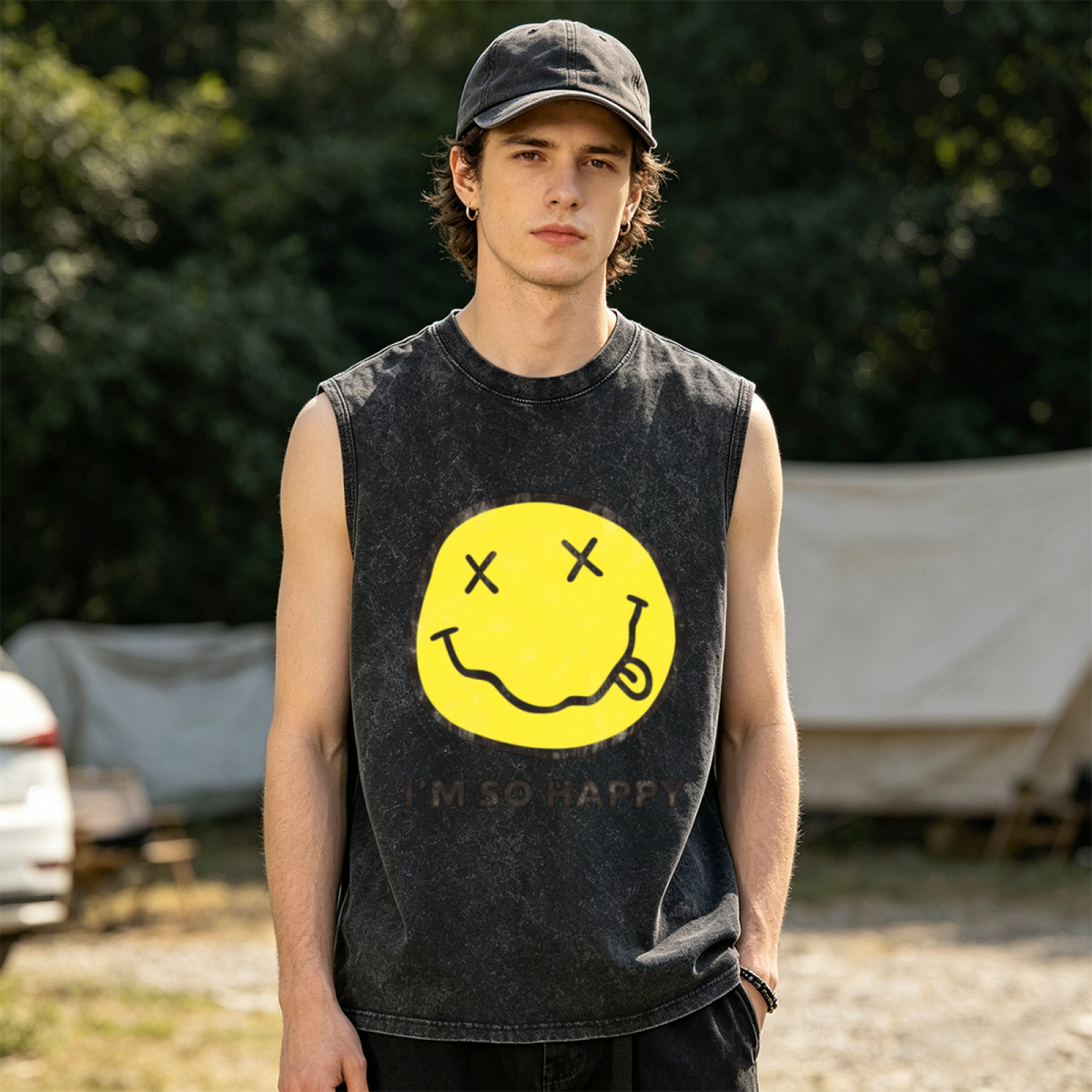 Nirvana Im So Happy Smiley Unisex Washed Tank Top — product image showing the an “I’m So Happy” smiley-face phrase and graphic design