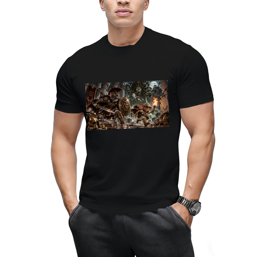 Men's graphic T-shirt featuring sneaky Cat & Mouse Escape artwork worn by a model, front view
