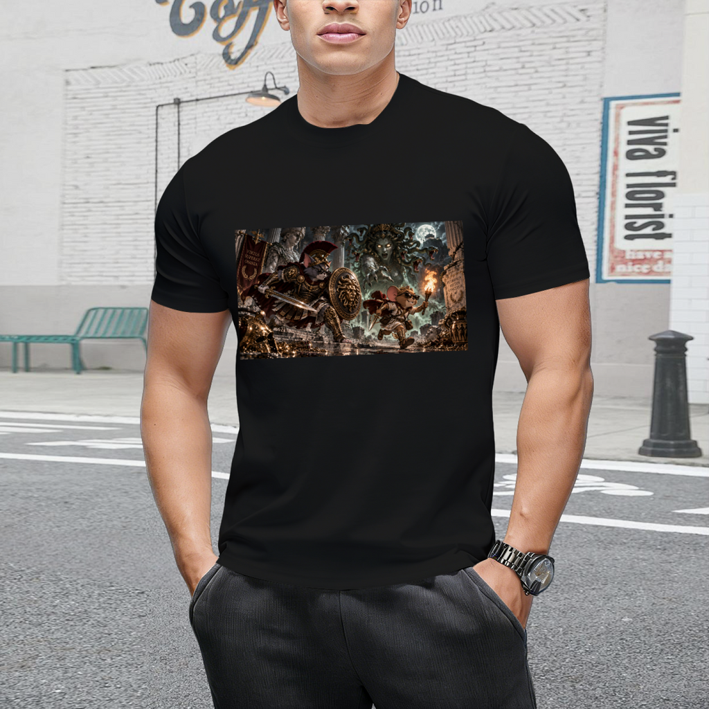Lifestyle view of a model wearing a men's T-shirt with sneaky Cat & Mouse Escape front artwork