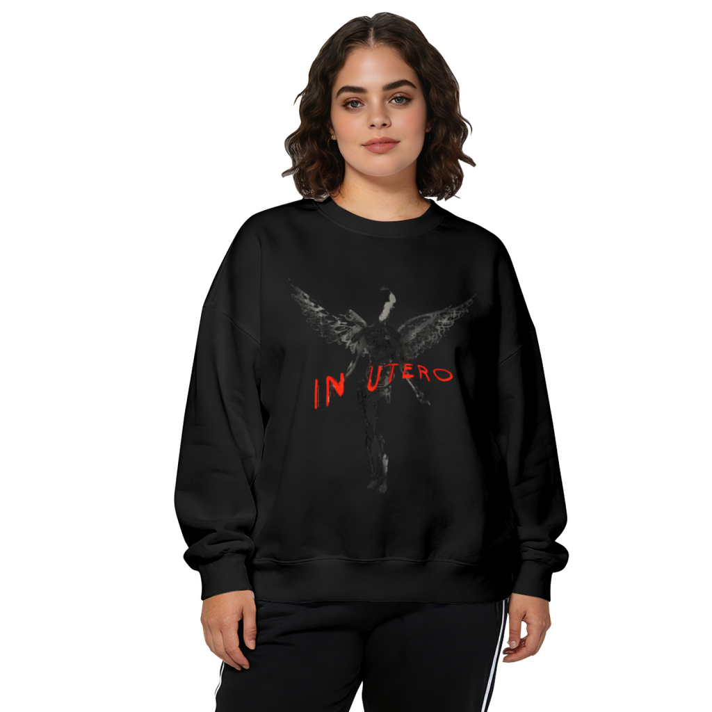 Crewneck sweatshirt product image with dark-toned In Utero angel graphic