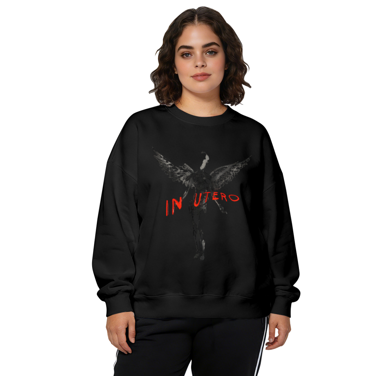 Crewneck sweatshirt product image with dark-toned In Utero angel graphic