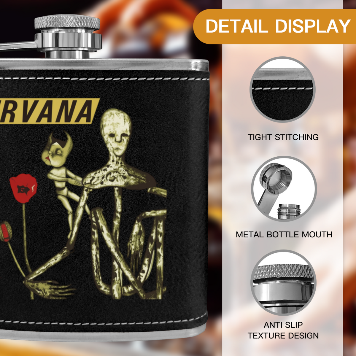 Nirvana Incesticide 6oz vintage-style stainless steel hip flask product image
