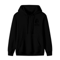 Standalone men's hoodie front displaying a graphic of a compact warrior silhouette in an ink-like style with lettering