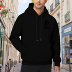 Men's hoodie worn outside, with the camera facing the graphic of a compact warrior silhouette in an ink-like style with lettering