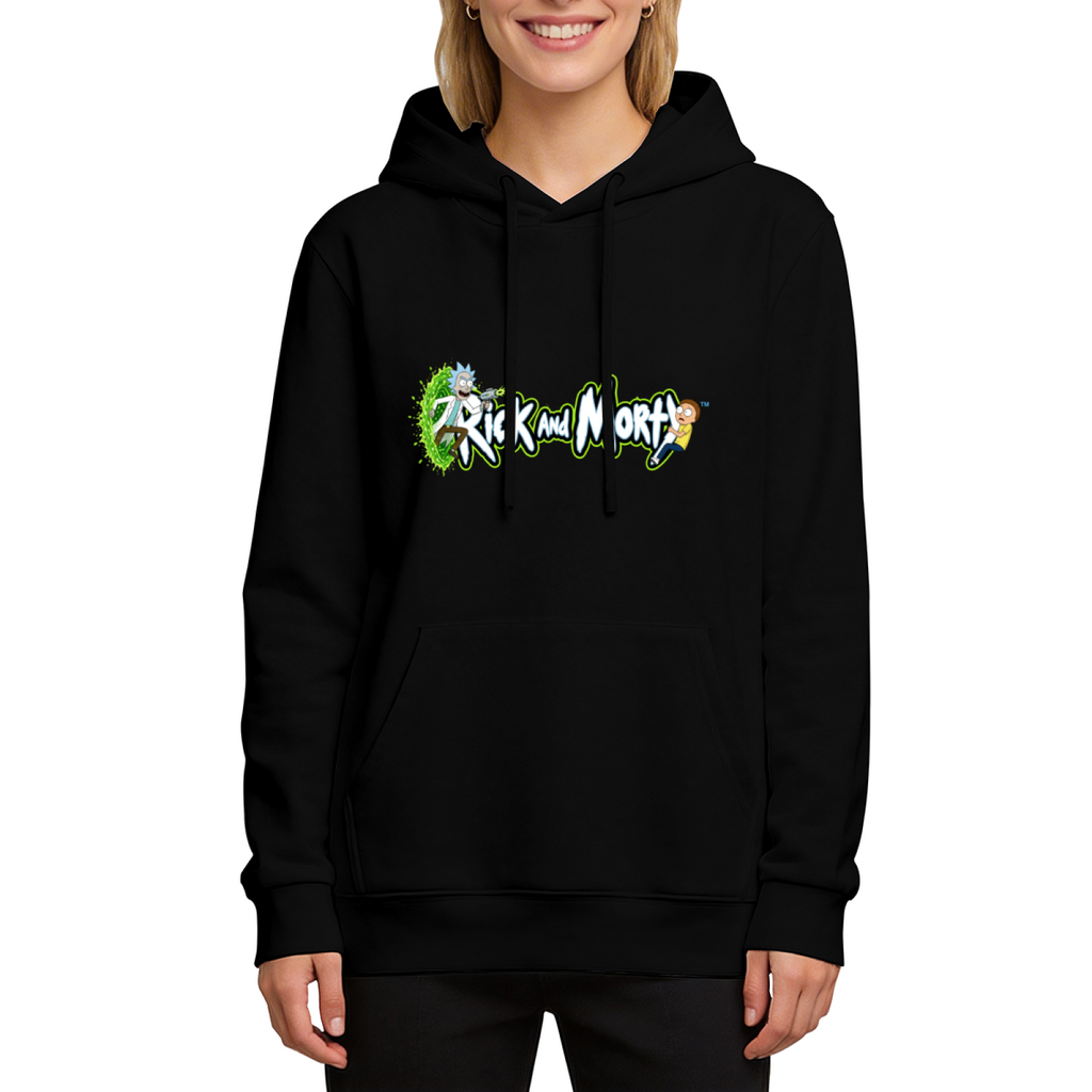 Women's hoodie seen on a model, its front graphic depicting two cartoon figures beside stylized lettering and a green portal