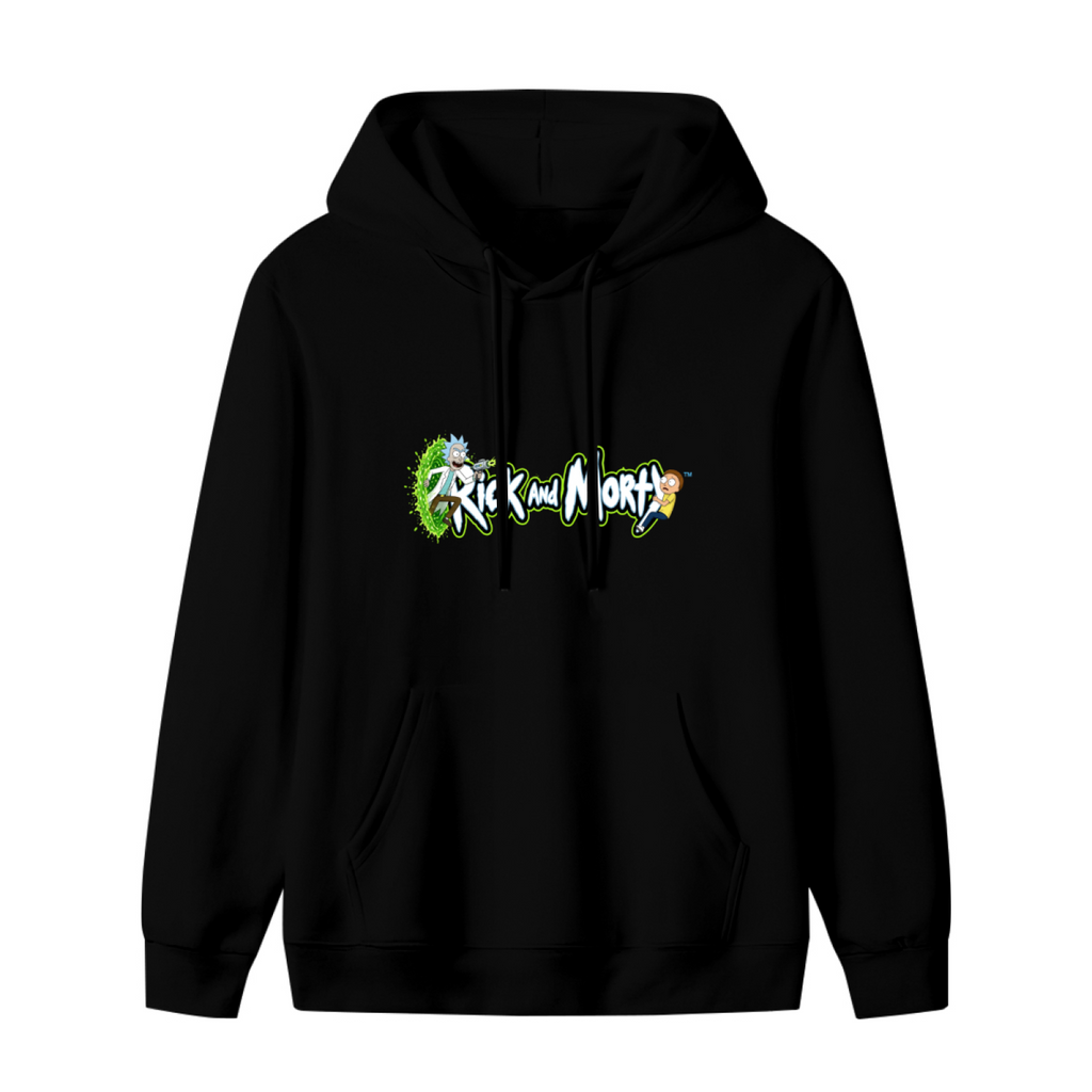 Front garment photograph: women's hoodie decorated with two cartoon figures beside stylized lettering and a green portal