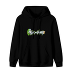 Front garment photograph: women's hoodie decorated with two cartoon figures beside stylized lettering and a green portal